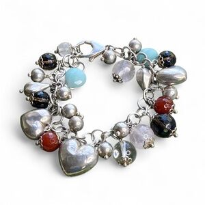 Vintage Italian Sterling Silver Multi-Gem Puffy Heart Charm Bracelet
